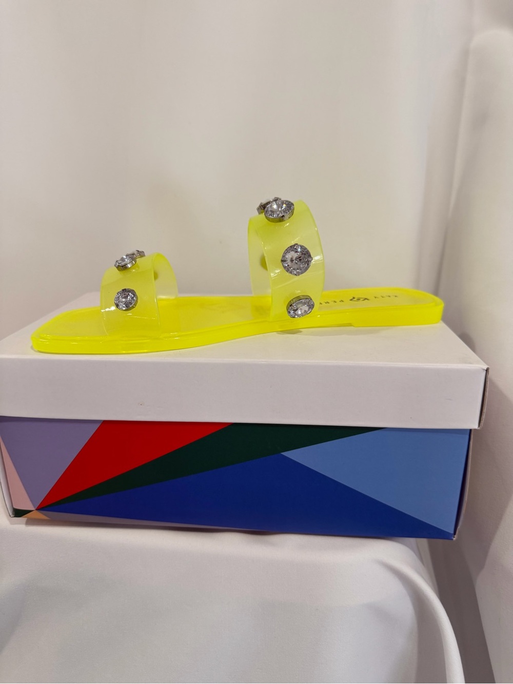 Katy Perry Collections Neon Yellow Jeweled Slide Sandals - Picture 2 of 8
